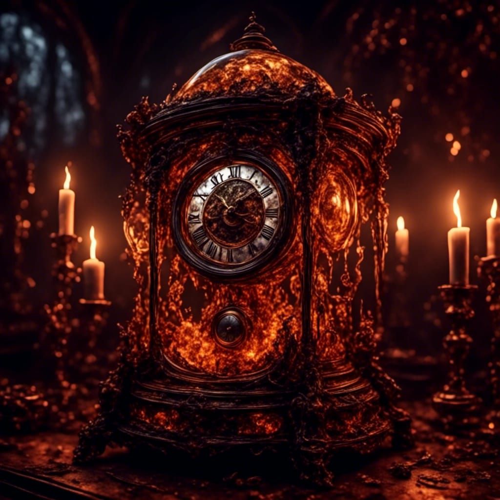 An Antique Crystal Clock with glowing Fire and Amber Smoke