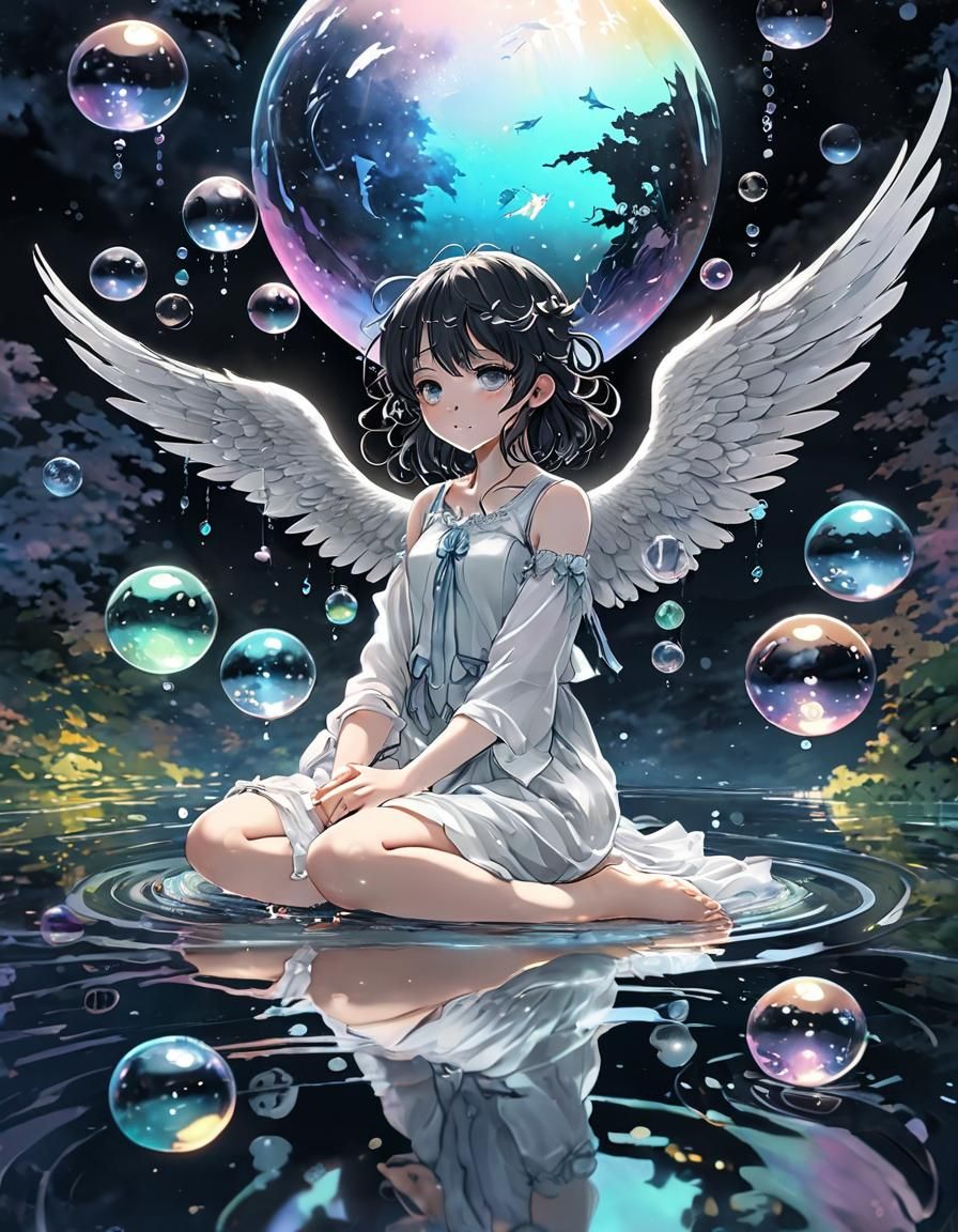 black Angel surrounded by iridescent glass water bubbles water droplets glass shiny orbs pastel pastel colors serene meditation night sky fl...