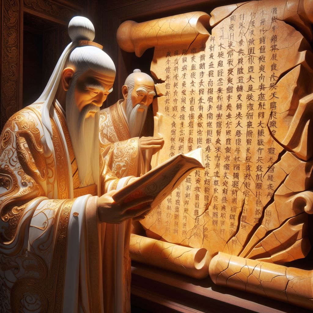 Tang Dynasty priests in luminous robes contemplating bone script