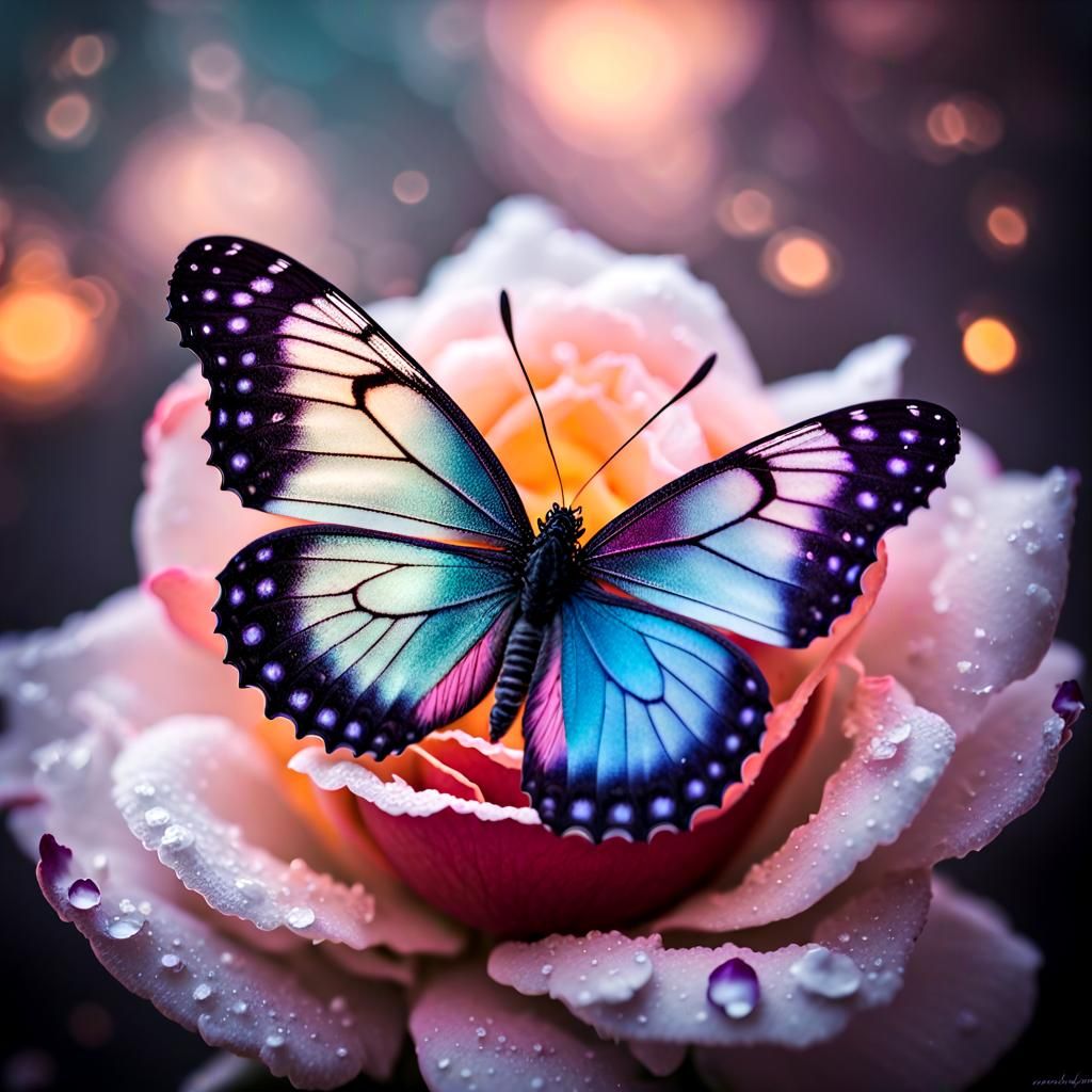 Stunning butterfly with beautiful wings and a very beautiful colorful glow perched on a dew covered rose ...  by @AutumnBear