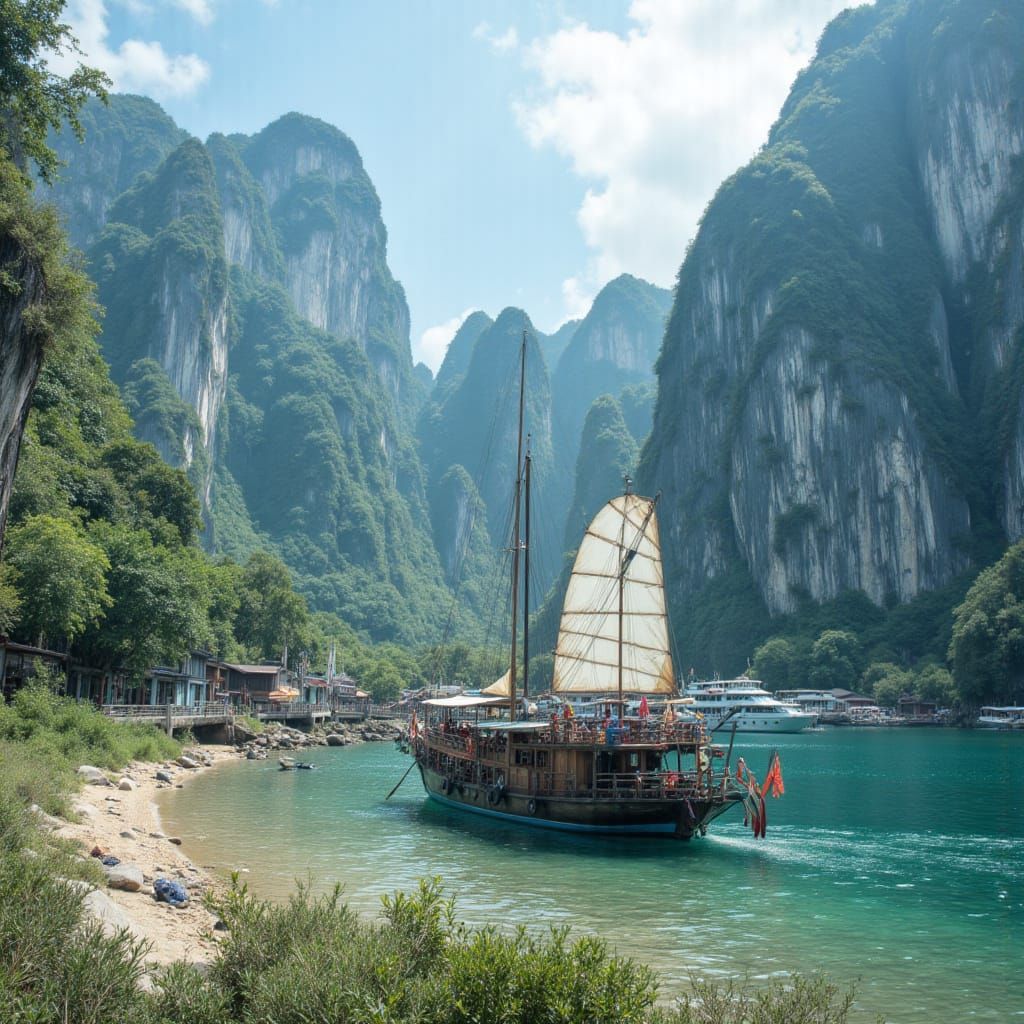 ship moves within Ha Long Bay, Vietnam