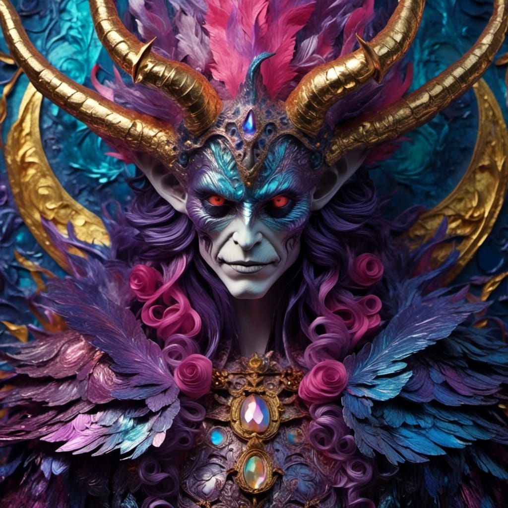 <lora:Dreamsea:1.0> Demon. Made of iridescent foil. Vivid, realistic, dreamy, portrait, detailed, baroque, moody. 