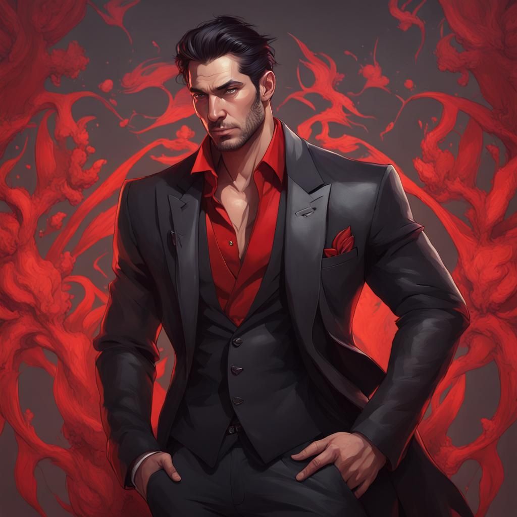 (Handsome man with slicked black hair wearing a black and red suit ...