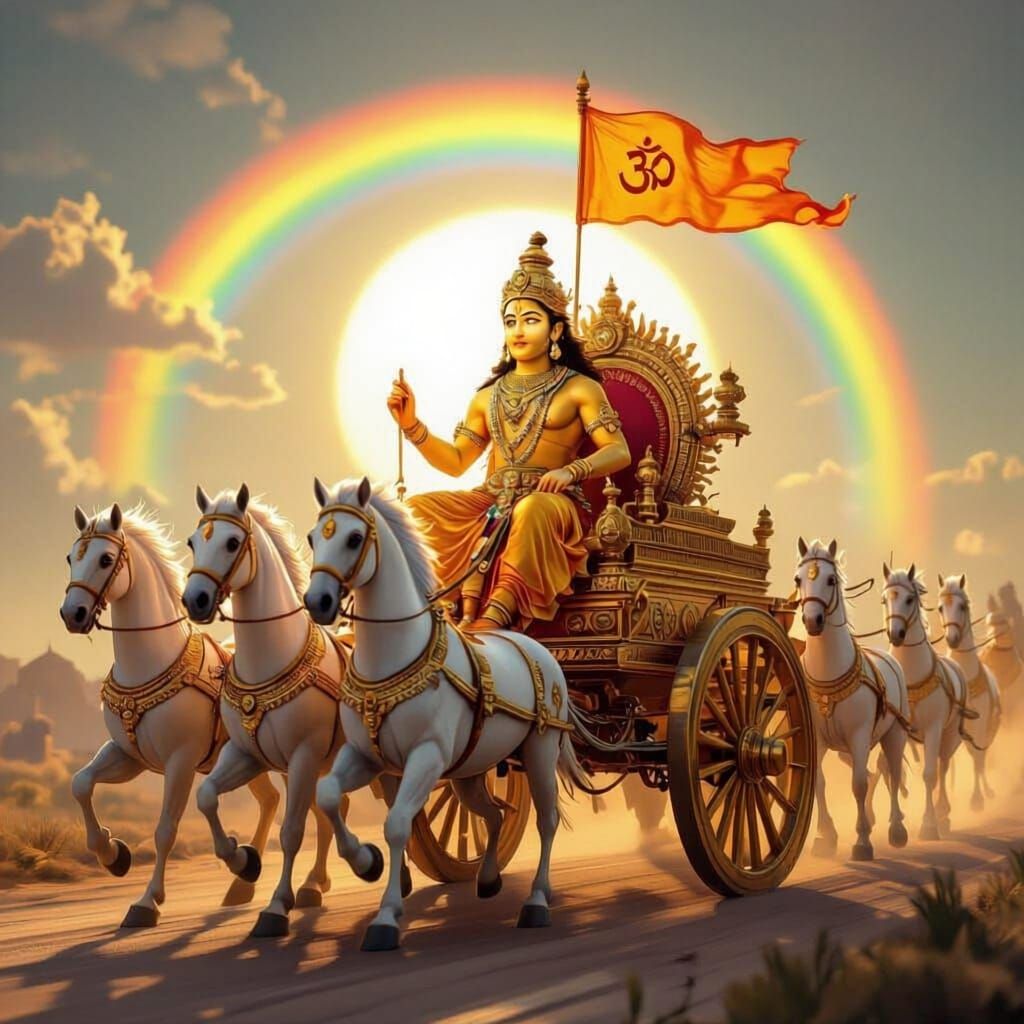 create an image of Hindu Sun God riding on his Gold chariot, pulled by 7 well built majestic, well-groomed, white horses with bright sun at ...
