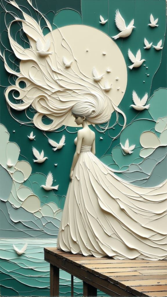 Moon Goddess with Doves Ascending to the Moon