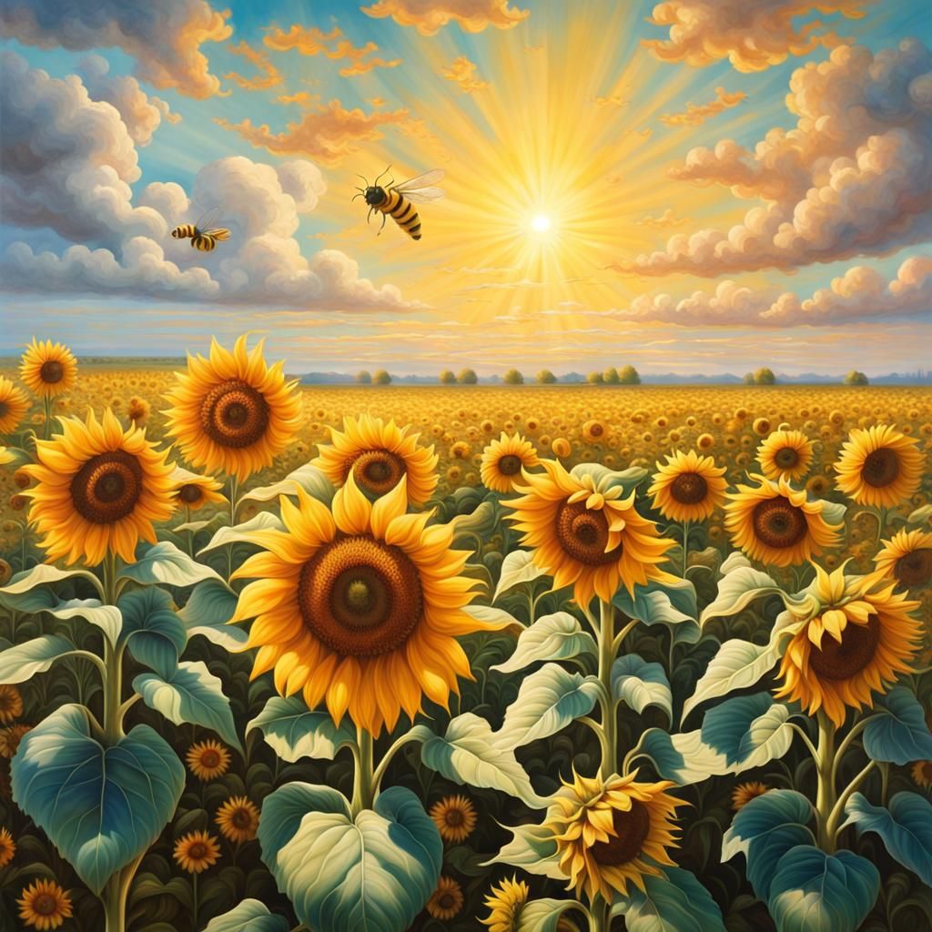 A hyper-realistic vibrant maximalism huge field of thousands of sunflowers to the horizon and bumble ...  by @Leland Lewis