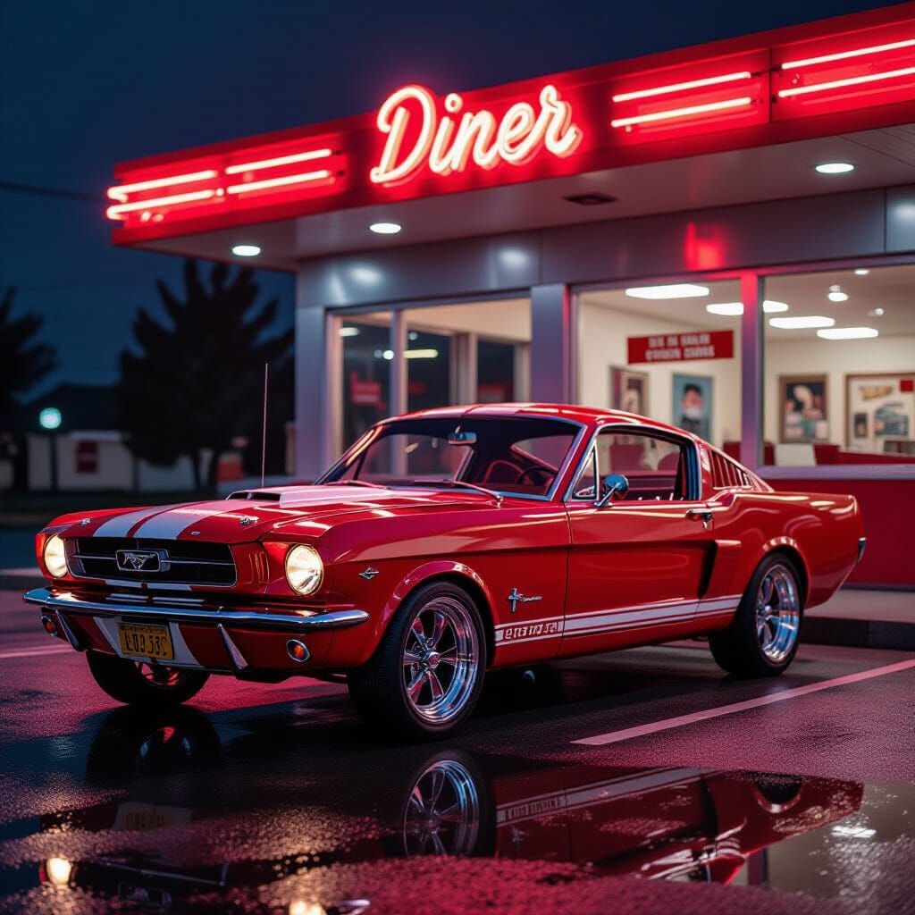 A 1964 Poppy Red Mustang with racing stripes & custom crager wheels shiny paint job. Neon lights. Full ...  by @Firewoman