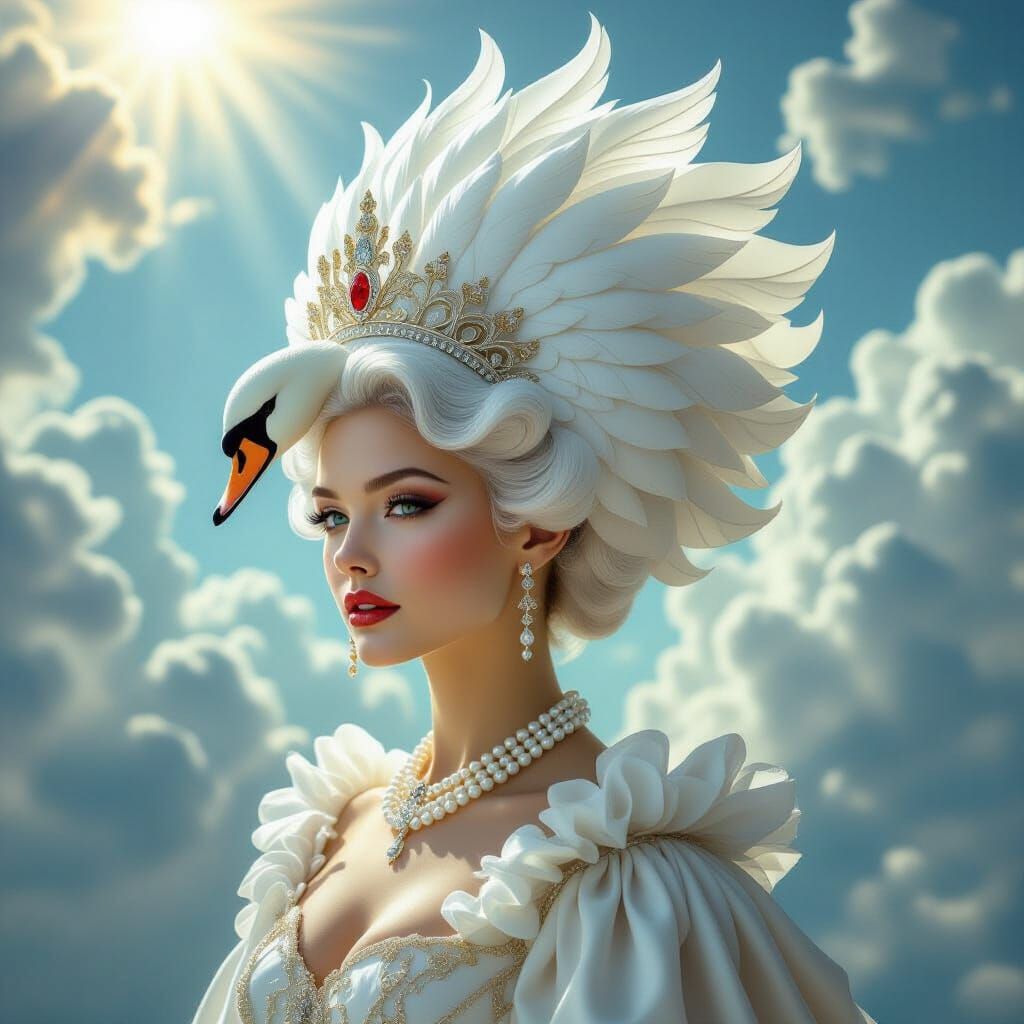 A regal queen with an extraordinary, gravity-defying hairstyle sculpted into an intricate white swan ...  by @Bee_creative