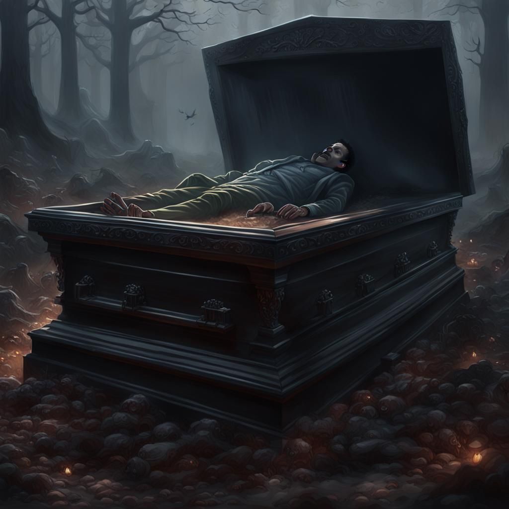 A man wakes up in a coffin next to a freshly dead body.
