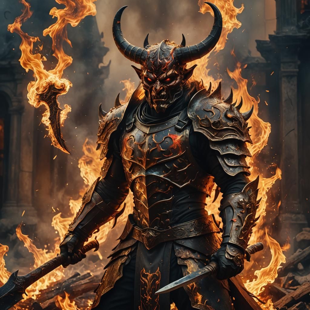 Devil Warrior in Fiery Landscape: Hyperrealistic Splash Art