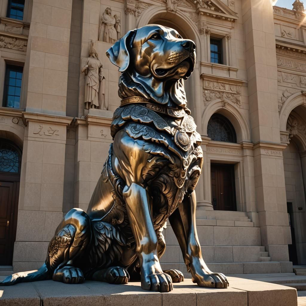 Giant Guard Dog Statue at Courthouse: Realistic 3D Rendering