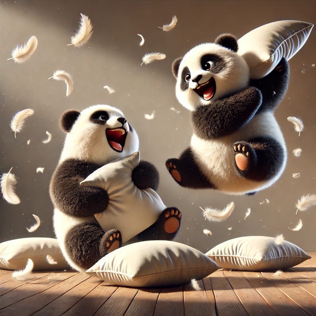 two pandas having a pillow fight
