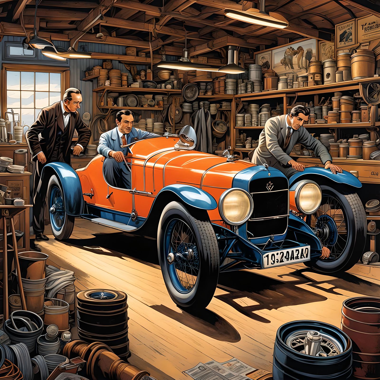 Two men working on a 1920s racecar in a vintage garage.  by @ShclasH