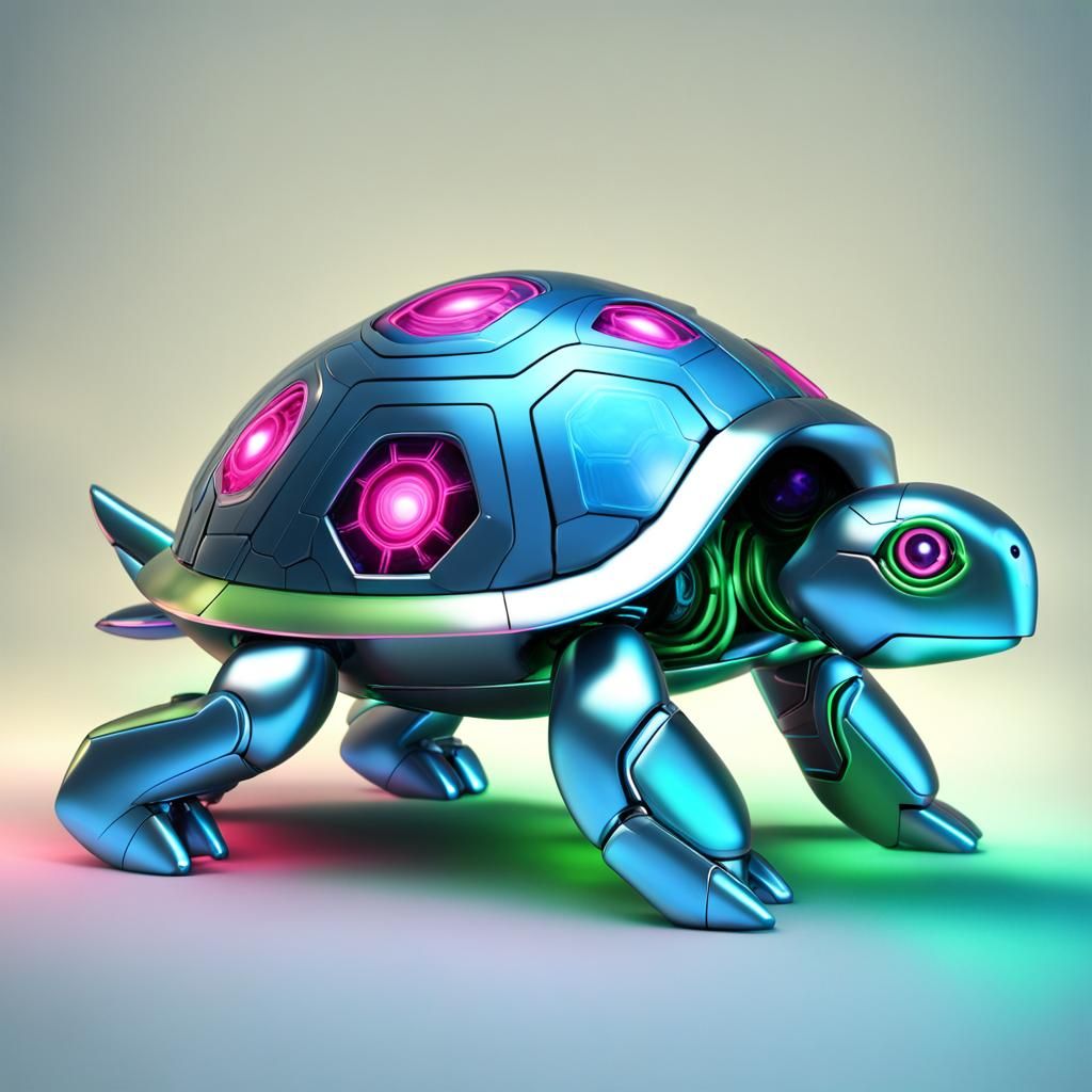 A cute, baby mechanized turtle with a sleek, futuristic look