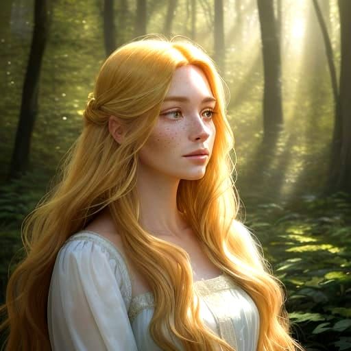 Radiant Portrait of a Golden Goddess in a Sunlit Forest