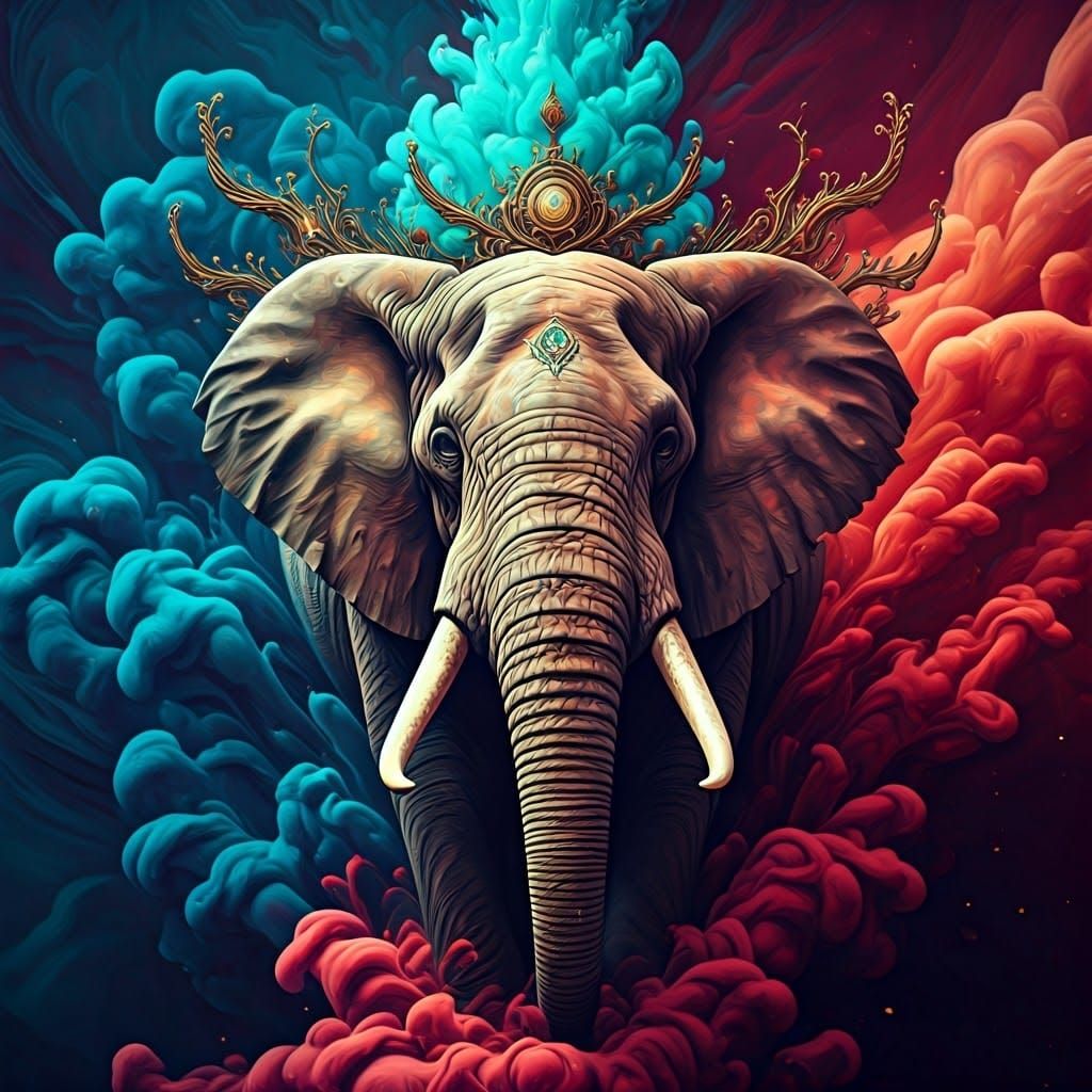 Elephant in Ink Splash Fantasy Scene