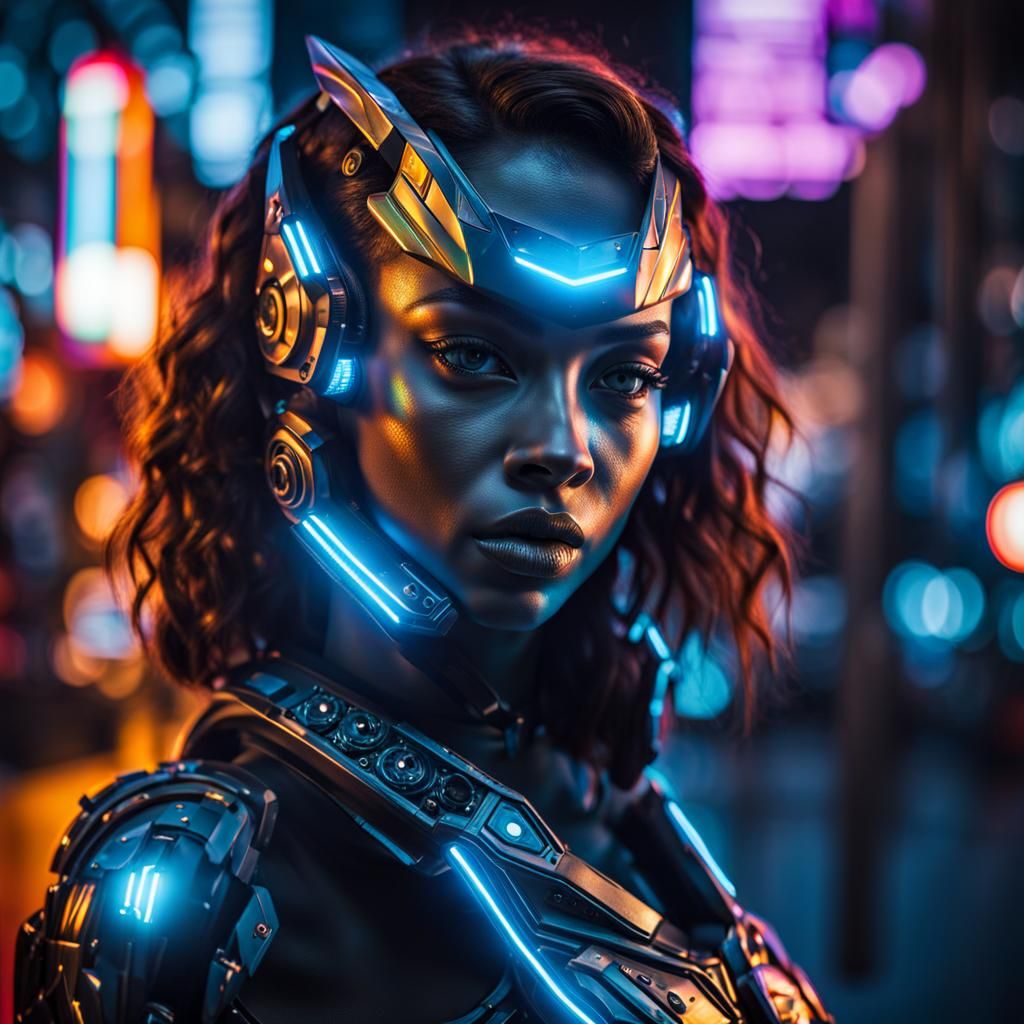 Portrait of a cyborg girl wearing futuristic face armor in a...
