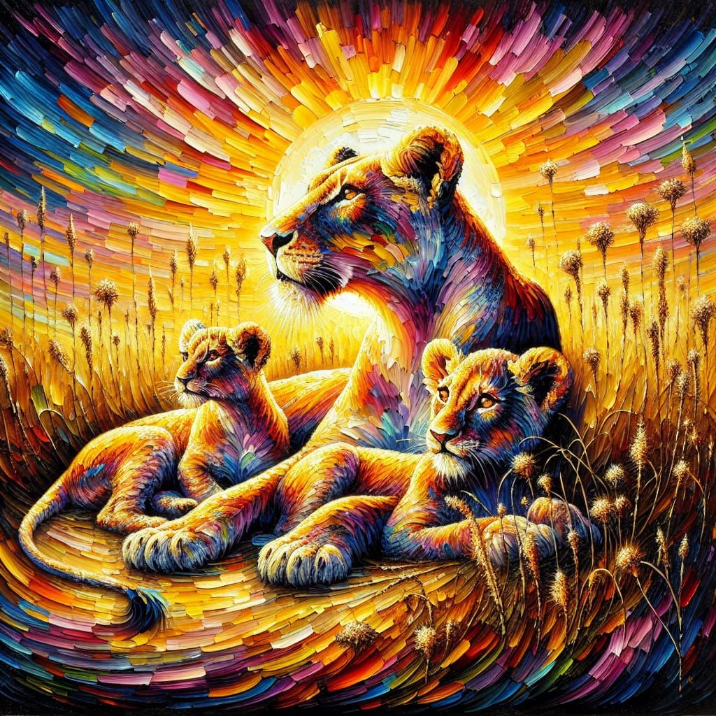 impasto painting with heavy brushstrokes of a lioness with her cubs, in grassland at sunset, detailed, ...  by @whiterose