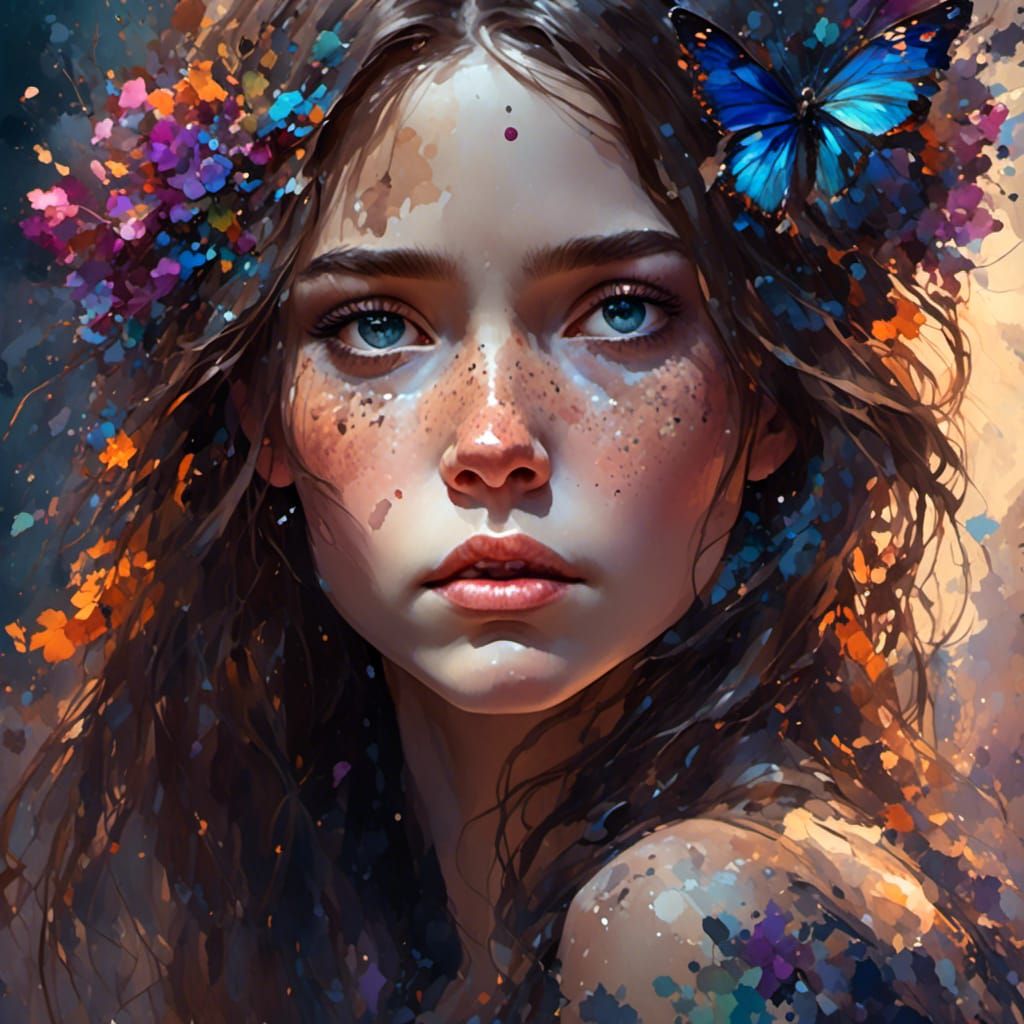 Freckled Brunette Portrait in Hyperdetailed Splash Art Style