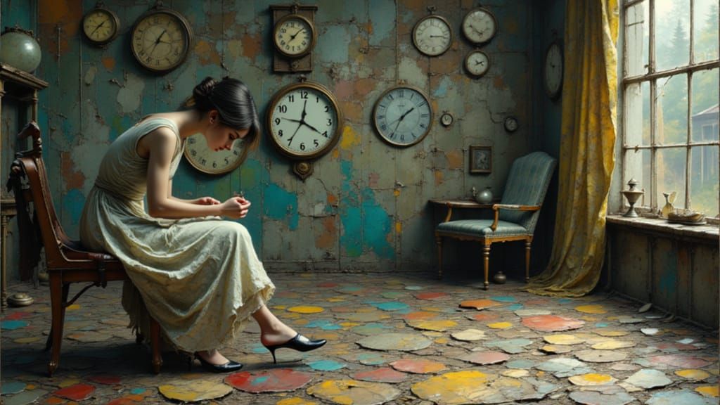 A young beautiful woman, wearing an elegant dress, sits on a small stool, in a big room, surrounded by walls and a floor made of hundreds of...