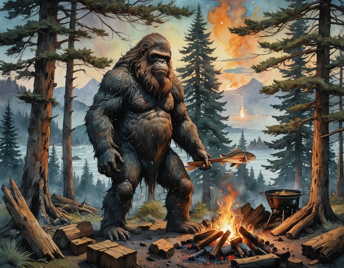 Sasquatch Grilling fish on an open fire