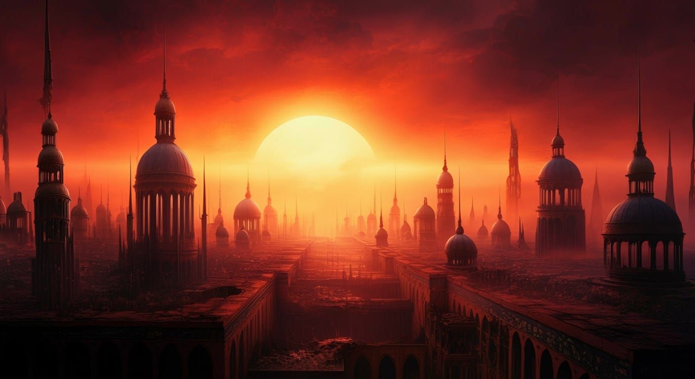 a vast baroque gothic and half decayed city with amazing domes and spires, stretching frrom horizon to horizon, below the dark red eldritch...