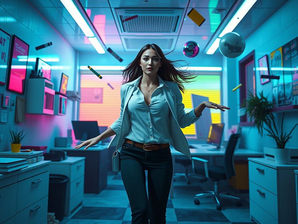 Surreal Futuristic Office Scene in Cyberpunk Style