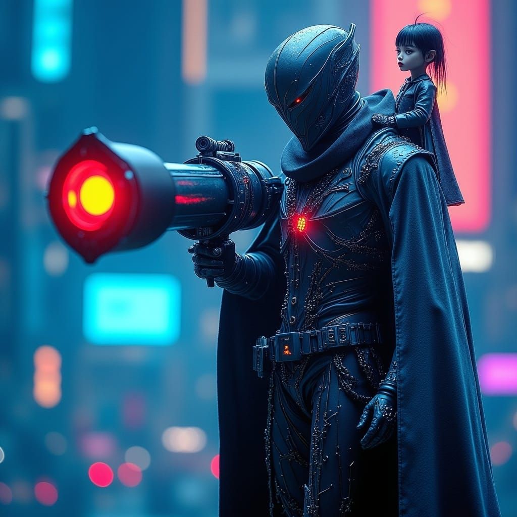 <lora:WEFx:1.0>  A surreal anime fantasy image of a tiny girl holding an enormous plasma cannon on her shoulder, standing on top of a massiv...