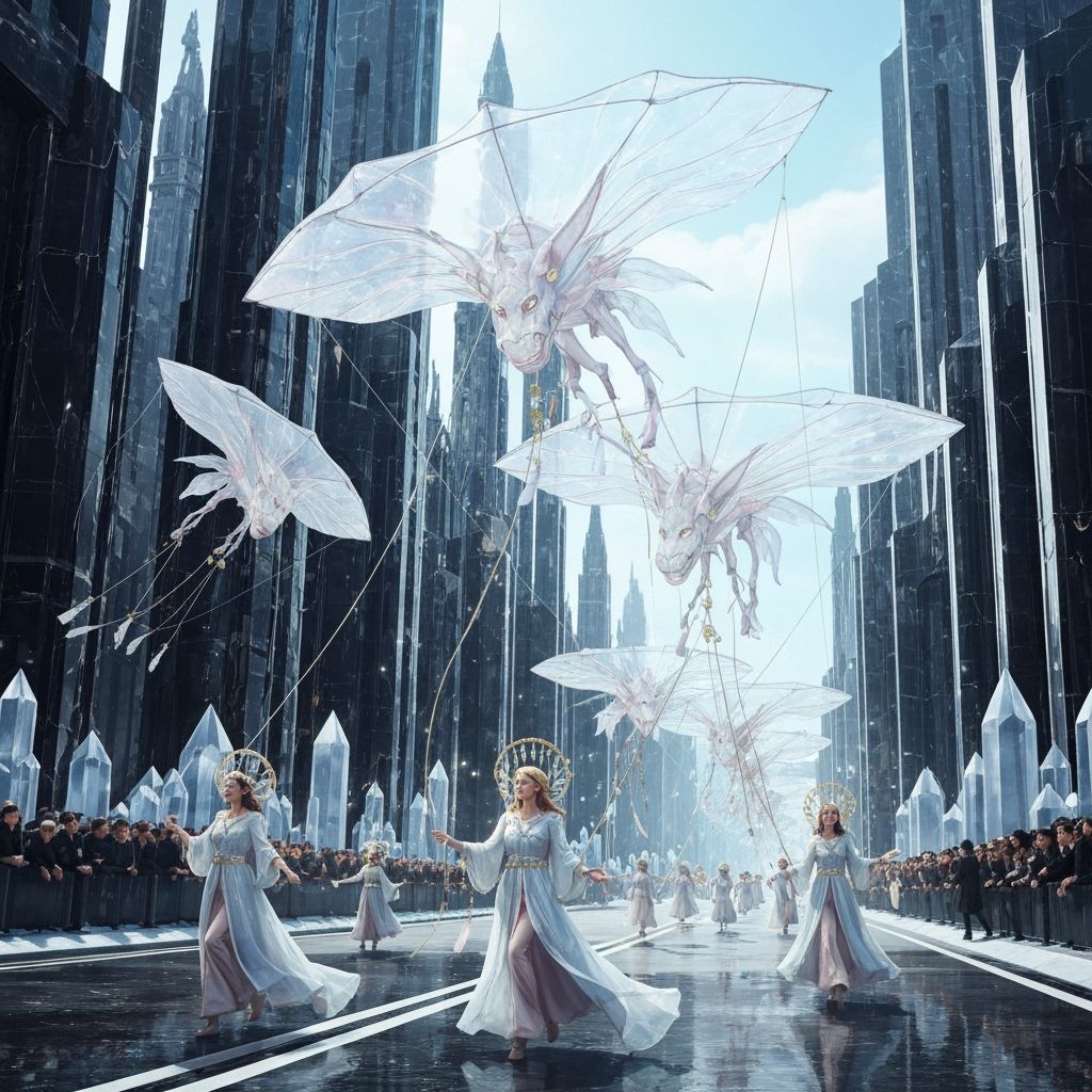 A grand parade for 'The Day of Whispering Winds', featuring colossal, translucent kites shaped like mythical ...  by @undefined