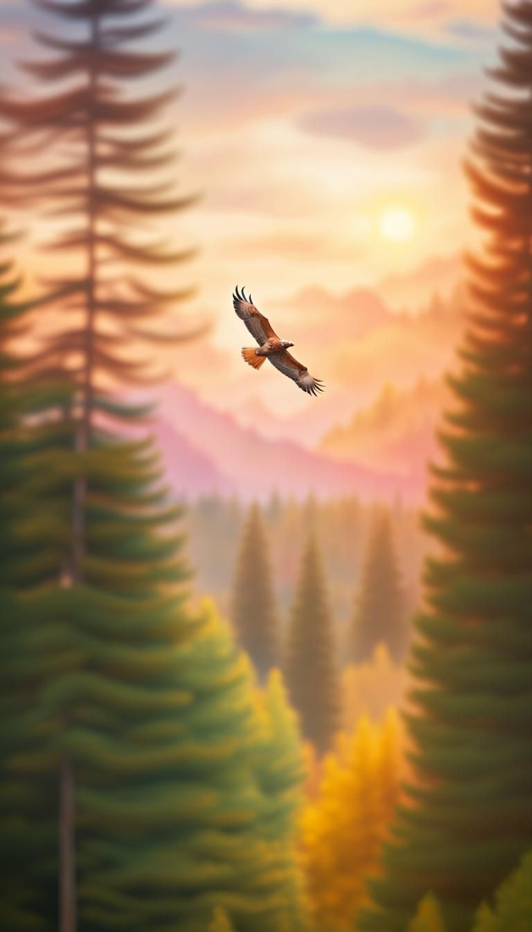 Hawk Soaring Over Twilight Forest: Abstract Matte Painting