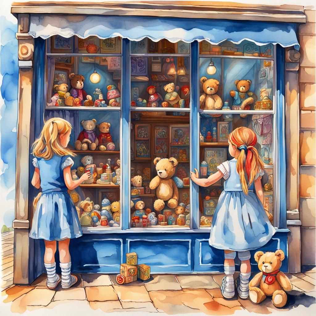 Whimsical Girls Admire Toys in a Watercolor-Inspired Shop Wi...