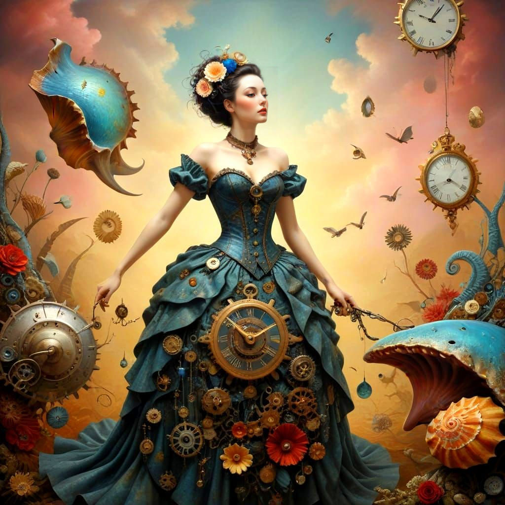 Surreal Lady Amidst Clockwork Steampunk Fantasy