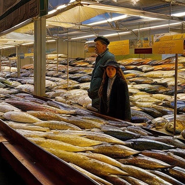 Booth selling Fish in a Market Hall