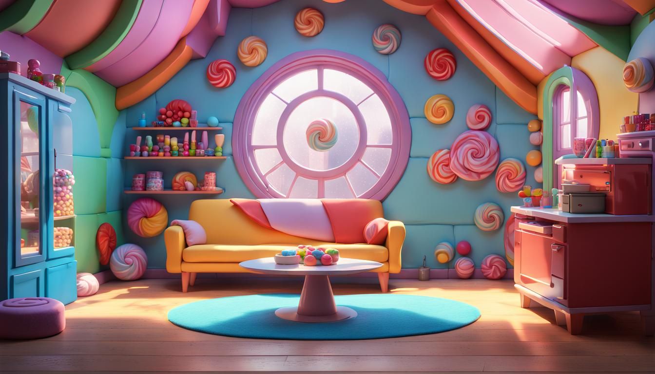 cartoonish, candy house interior with colorful Furniture and brick wall