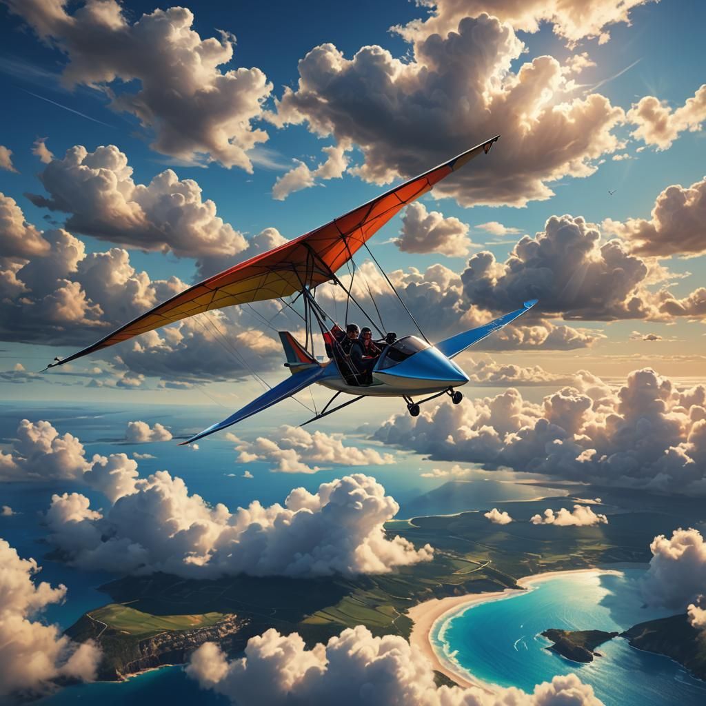 Pilot flies on an hang glider over the azure sea in the morn...