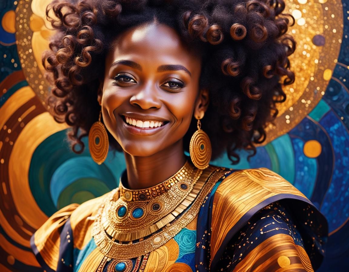 African American Woman smiling in the style of Gustav Klimt....