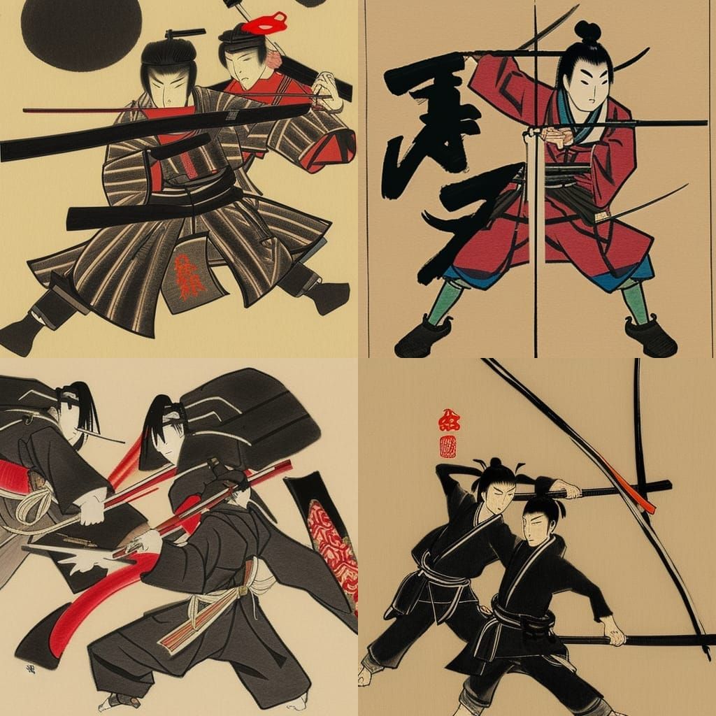 traditional Japanese drawing of two samurai dueling each other with ...