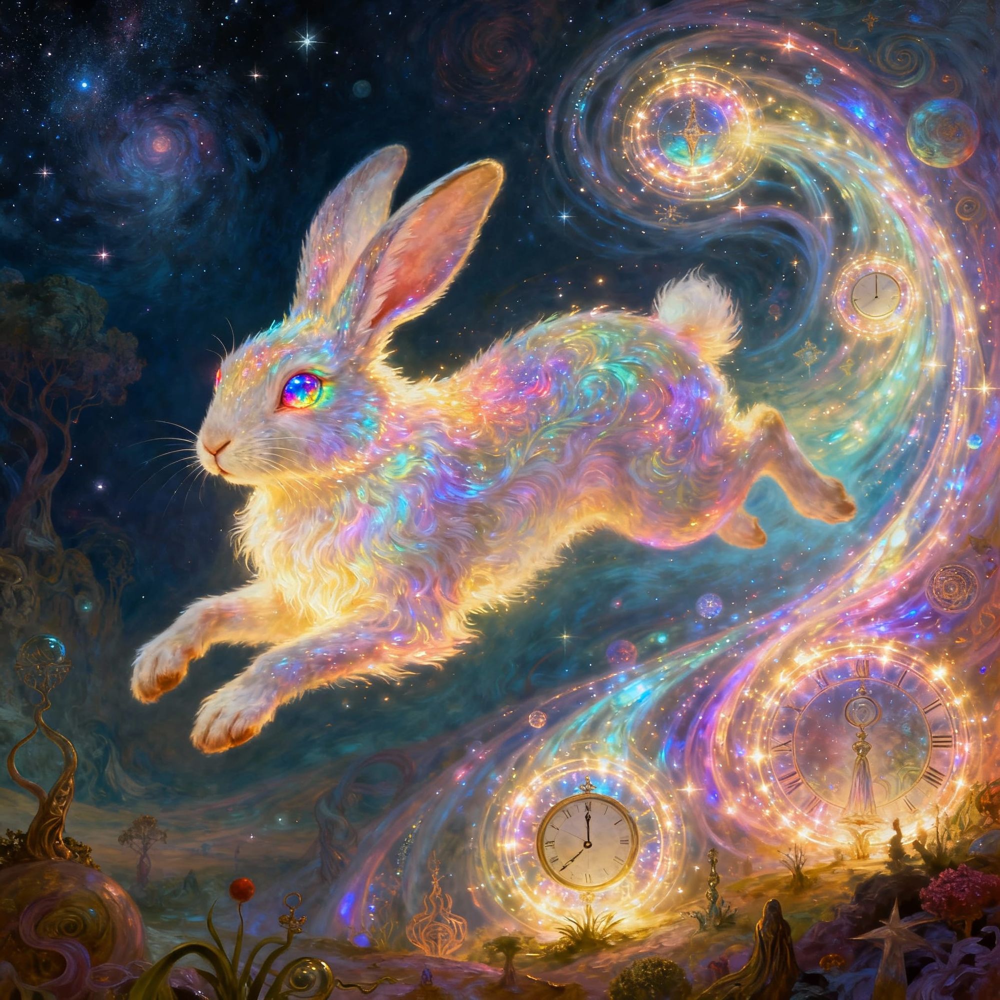A beautiful cosmic rabbit jumping through portals of time. A rabbit on a spiritual journey through life. manifesting each dream and holy des...