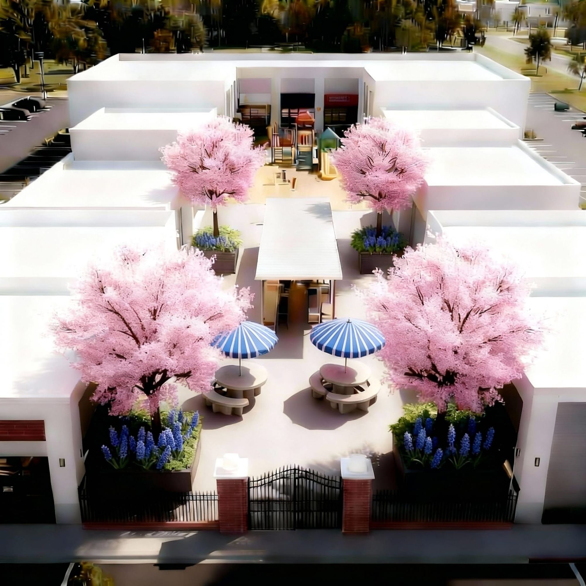 A fine commercial building complex featuring 12 conjoined businesses, 6 on each side, stair stepped in size, each on 40' [x 30, 40, 50, 60, ...