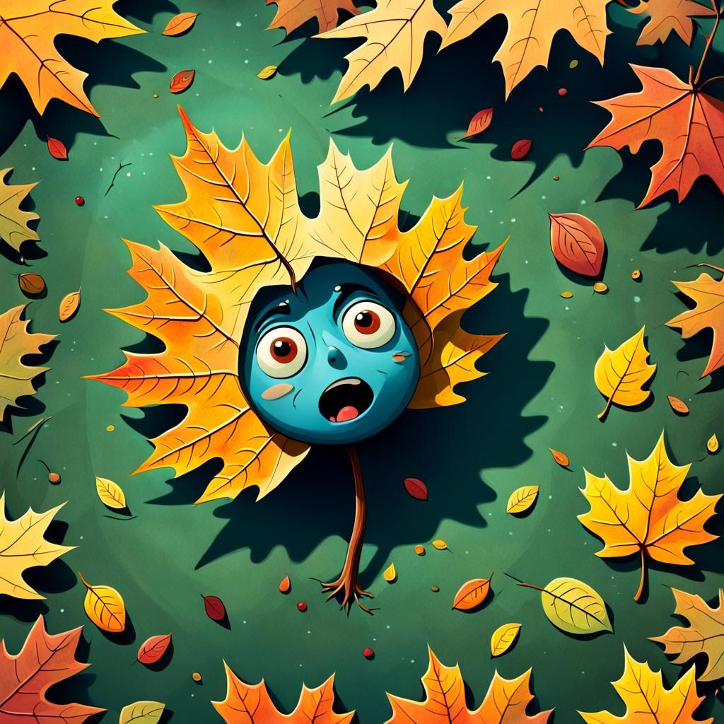 Sad Leaf's Autumn Descent: A Cartoon-Style Farewell