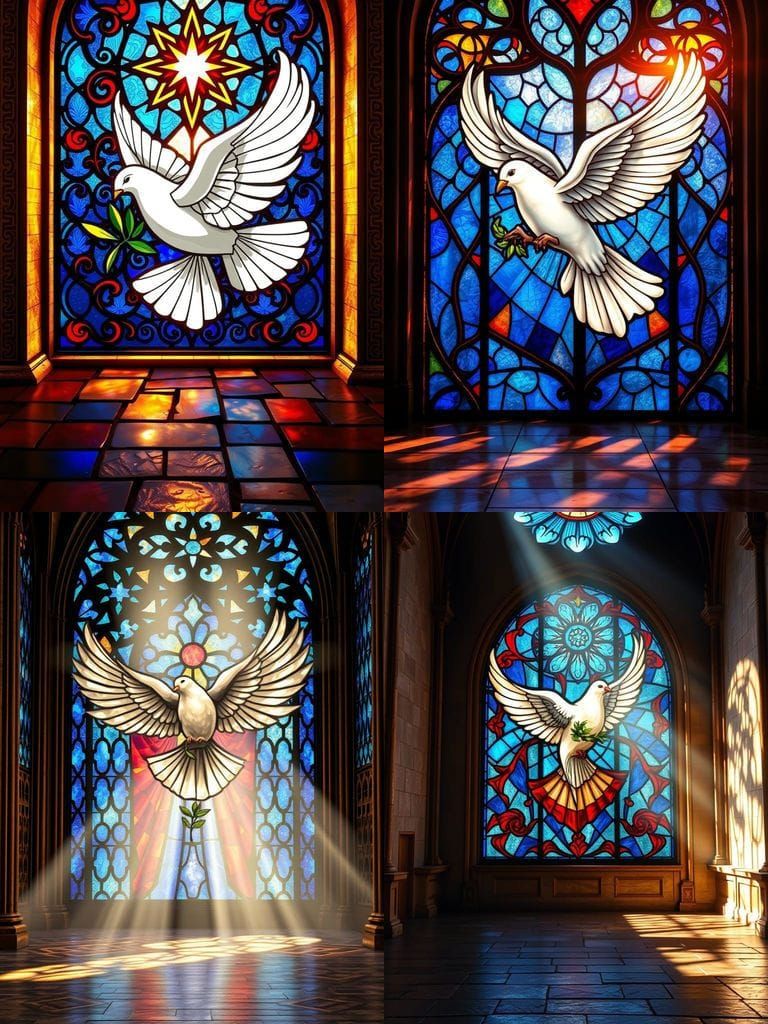A beautiful church stained glass window featuring a dove holding an olive twig in its mouth. The window is illuminated b...