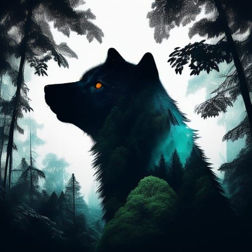 Eerie Double Exposure: Wolf Howling in Misty Forest
