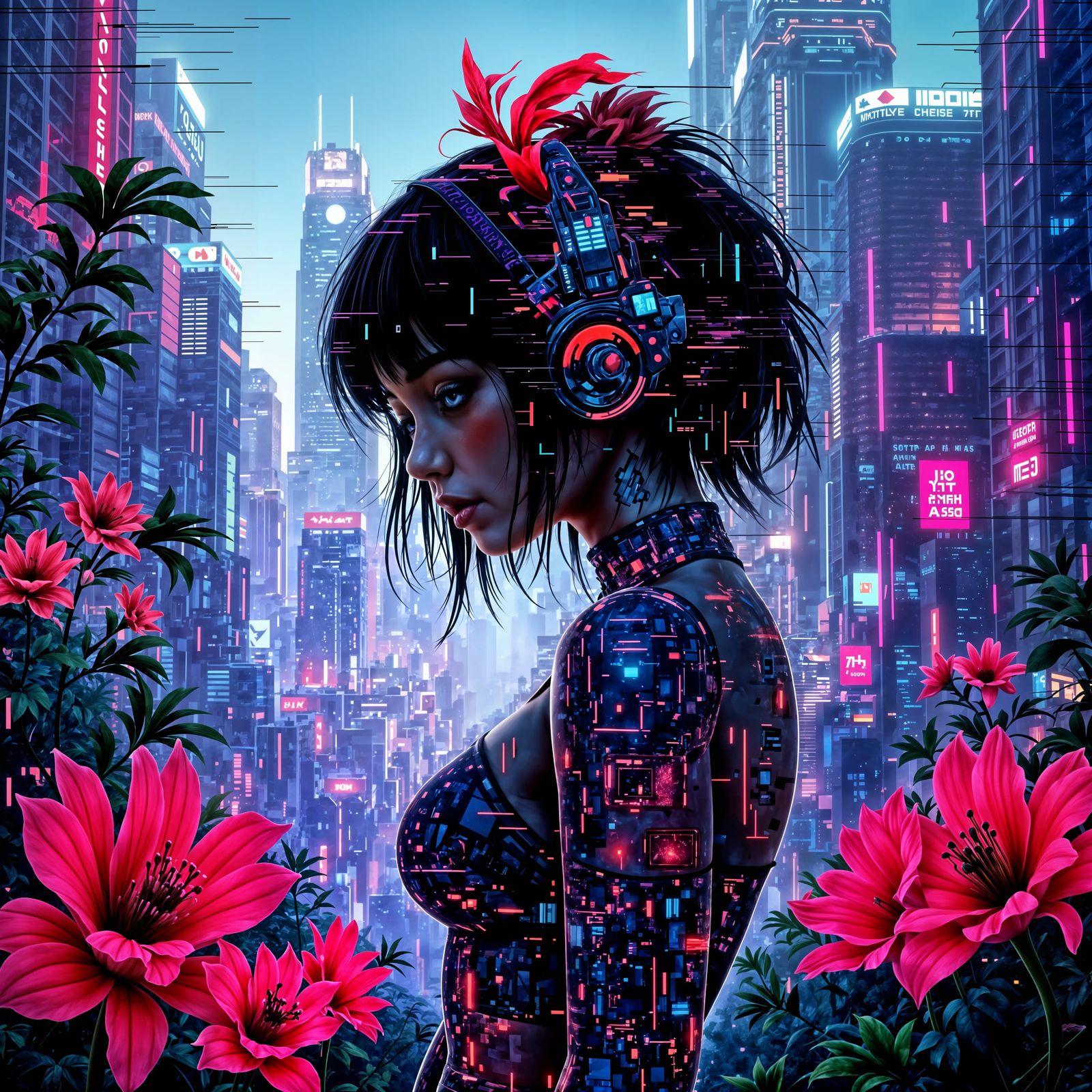 Glitch Art Landscape with Exotic Flowers and Rainbow Effect