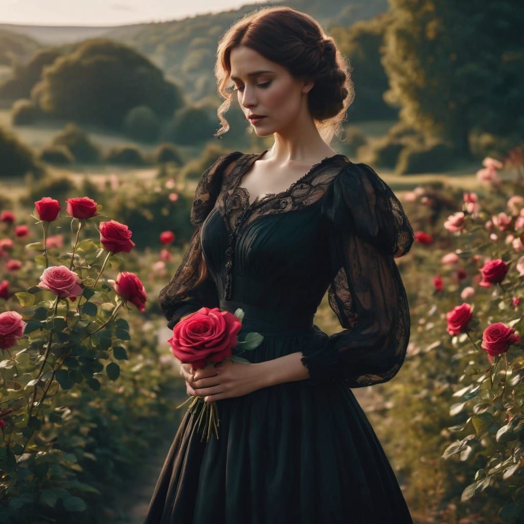 a Victorian era woman wearing a long black dress and holding...