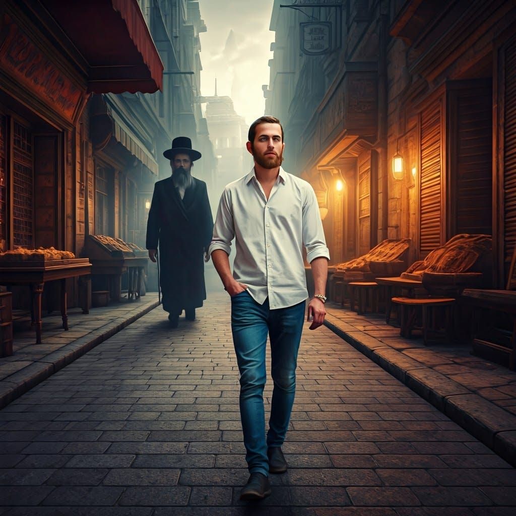 Young Man Lost in Thought on Bustling Street