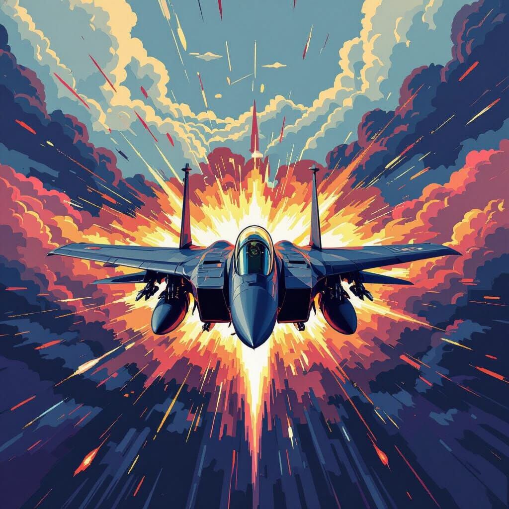 A f15, firing a missle, coming towards camera, pixel art