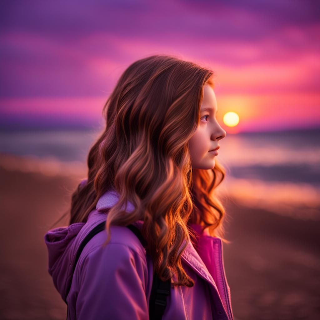  girl in front of a beautiful pink purple and orange sunset 