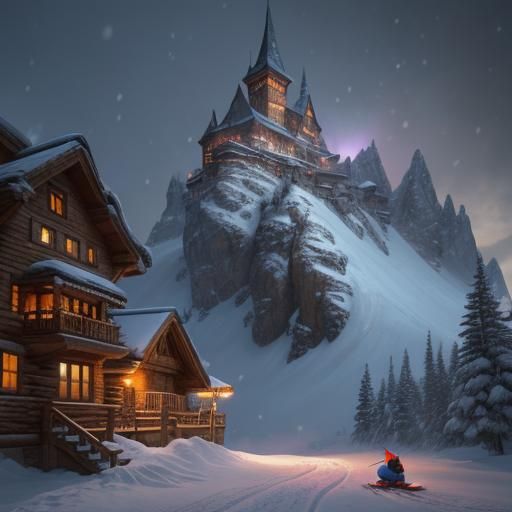 Cartoon Mouse Skiing Down Snowy Mountain in Matte Painting S...