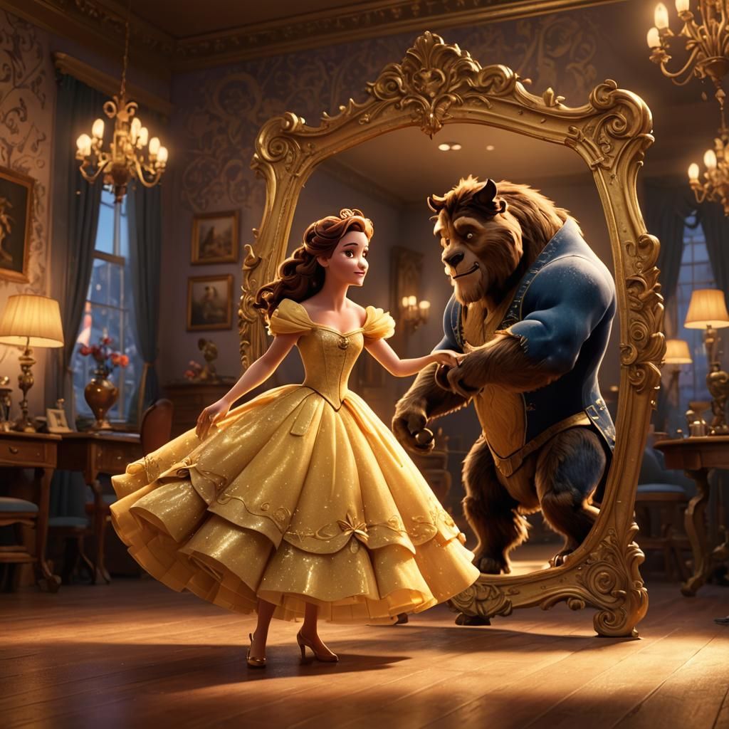 belle from beauty and the beast looking into a full length m...