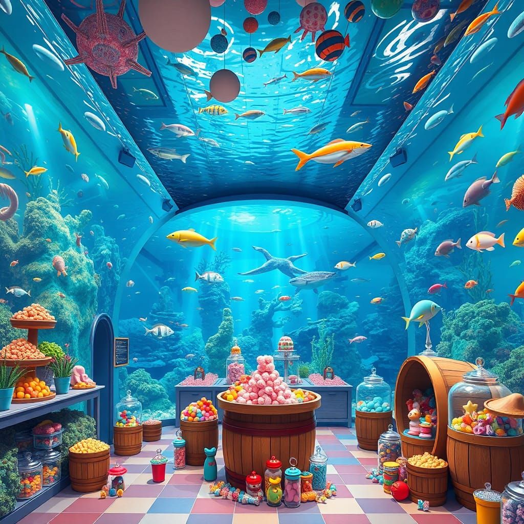 Candy store inside children’s aquarium museum. AI Generated Artwork